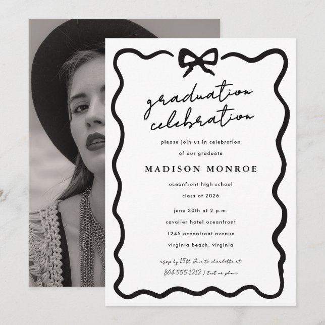 Invitation Modern Minimalist Black White Bow Photo Graduation (Devant / Derrière)