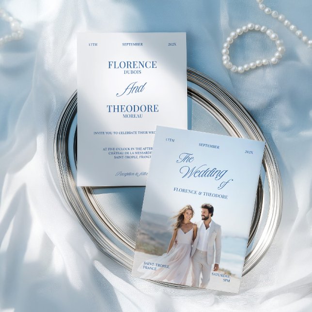 Invitation Modern Minimalist Blue & White Photo Wedding (Modern Minimalist Blue & White Photo Wedding Invitation)