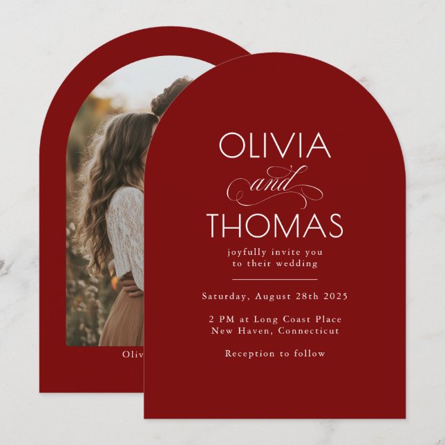 Invitation Modern Minimalist Burgundy Red Wedding Photo (Devant / Derrière)
