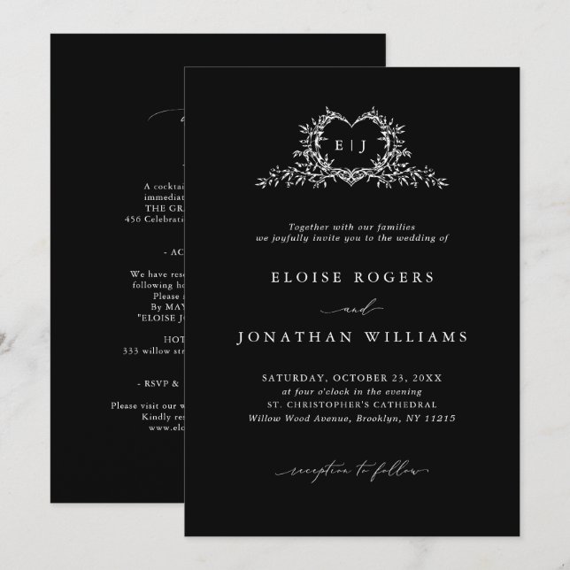 Invitation Modern Minimalist Chic Calligraphy Crest Wedding (Devant / Derrière)