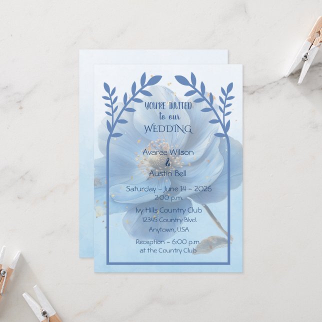 Invitation Modern Minimalist Gold and Blue Poppy Wedding   (Devant/Arrière en situation)