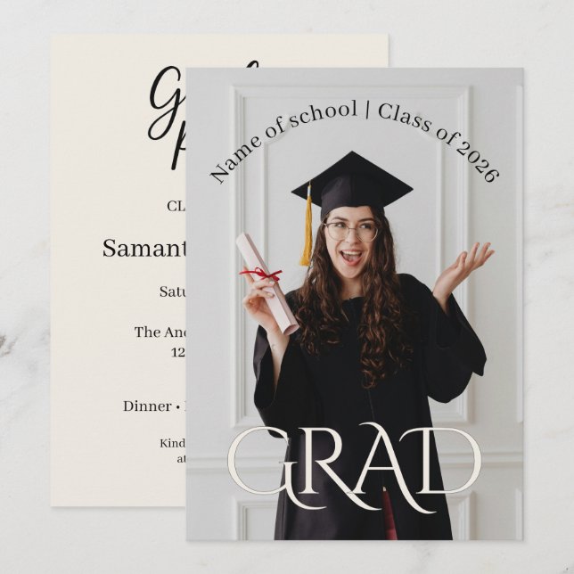 Invitation Modern Minimalist Grad | Elegant Photo Grad Party (Devant / Derrière)