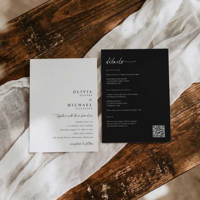 Invitation Modern Minimalist Handwriting All in One Wedding (Minimalist handwriting wedding invitation with details and rsvp and qr code on back.)