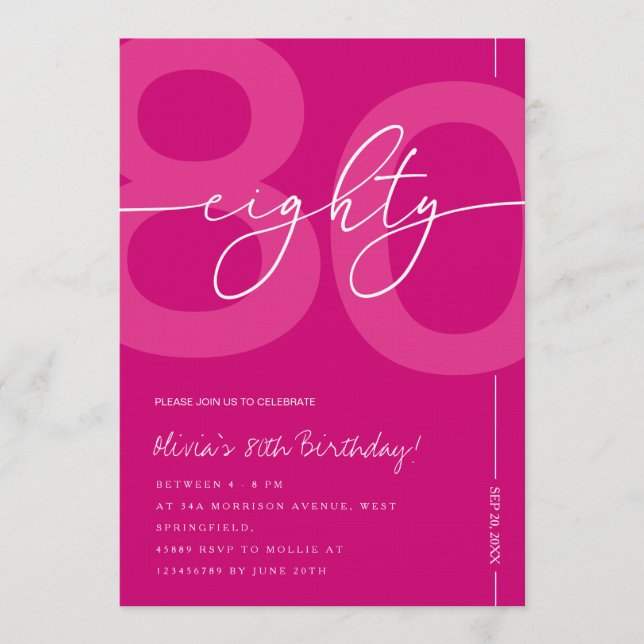Invitation Modern Minimalist Pink 80th Birthday Party (Devant)