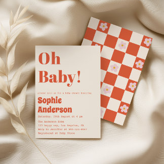 Invitation Modern Minimalist Retro Coral  Oh Baby Shower