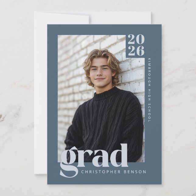 Invitation Modern Minimalist Slate Blue Grey Photo Graduation (Devant)