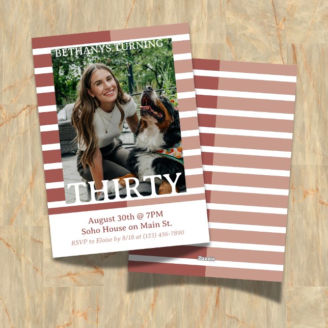 Invitation Modern Minimalist Striped Thirtieth Birthday Photo (Celebrate the beginning of a new decade with this Modern Minimalist Striped 30th Birthday Invite!)