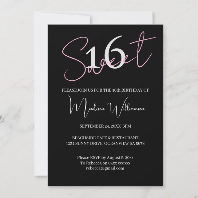 Invitation Modern Minimalist Sweet 16 Black Pink Birthday  (Devant)