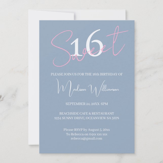 Invitation Modern Minimalist Sweet 16 Pink Blue Birthday (Devant)