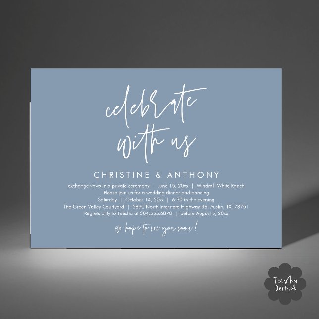 Invitation Modern Minimalist Wedding Reception Dinner (Modern Minimalist Wedding Reception Dinner Invitation Card, Celebrate with us, in Dusty Blue)