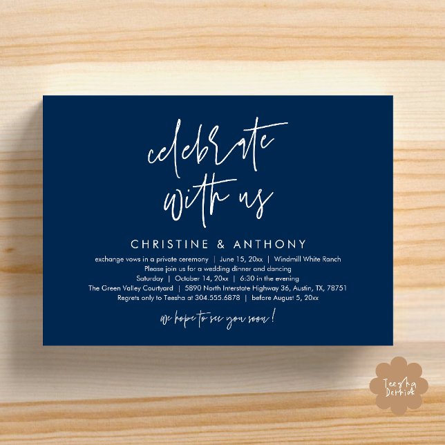 Invitation Modern Minimalist Wedding Reception Dinner (Modern Minimalist Wedding Reception Dinner Invitation Card, Celebrate with us, in Navy Blue)