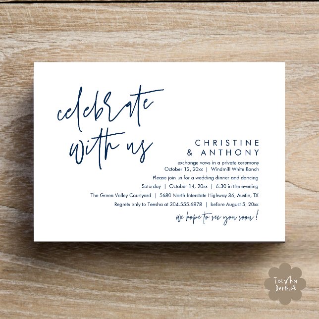 Invitation Modern Minimalist Wedding Reception Dinner (Modern Minimalist Wedding Reception Dinner Invitation Card, Celebrate with us, in Navy Blue)
