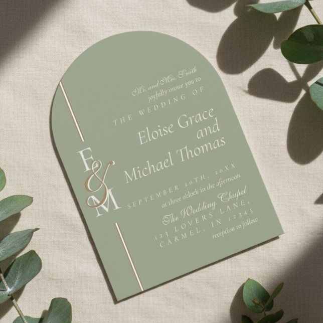Invitation Modern Monogram Script Sage Green Arch Wedding (Announce your special day with this luxurious Modern Monogram Script Arch Wedding Invitation!)