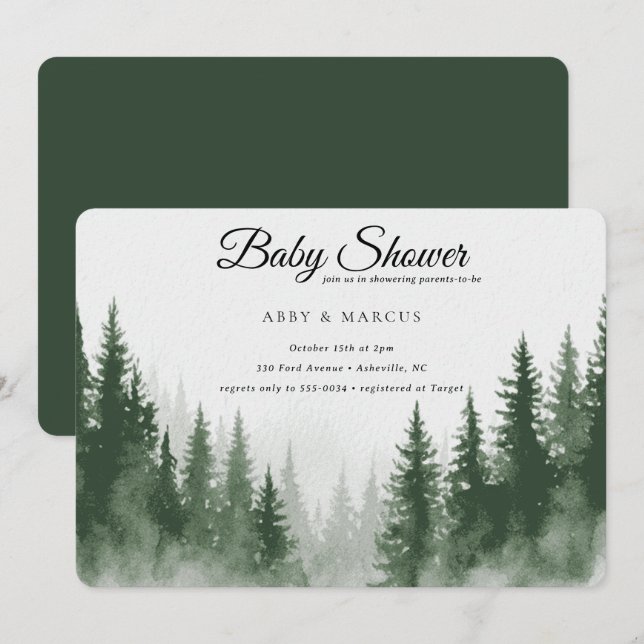 Invitation Modern Mountain Forest Adventure Green Baby Shower (Devant / Derrière)