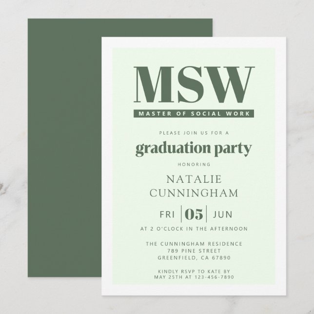 Invitation Modern MSW Master of Social Work Graduation (Devant / Derrière)