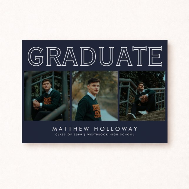 Invitation Modern Navy 3 Photo Graduation Announcement  (Créateur téléchargé)