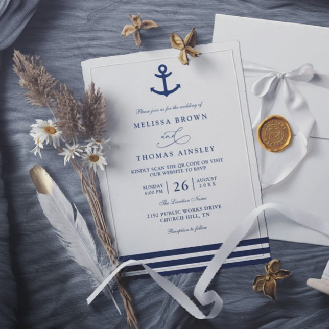 Invitation Modern Navy Blue Anchor Nautical QR Code Wedding (Créateur téléchargé)