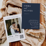Invitation Modern Navy Blue Boho Wedding Photo QR Code RSVP<br><div class="desc">This invitation features a clean and simple block serif typography font and calligraphy in a navy blue background. The simplicity and clean design of this invitation works well with all wedding themes and definitely a great addition to your wedding. Just customize the names and wording in a few easy steps...</div>