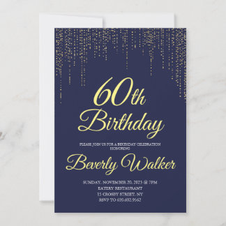 Invitation Modern Navy Blue Gold 60e fête d'anniversaire