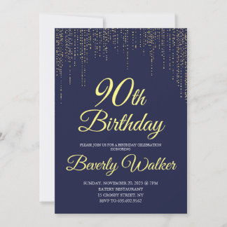 Invitation Modern Navy Blue Gold 90e fête d'anniversaire