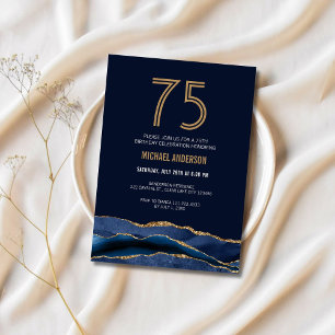Invitation Modern Navy Blue Gold Agate 75e anniversaire fête
