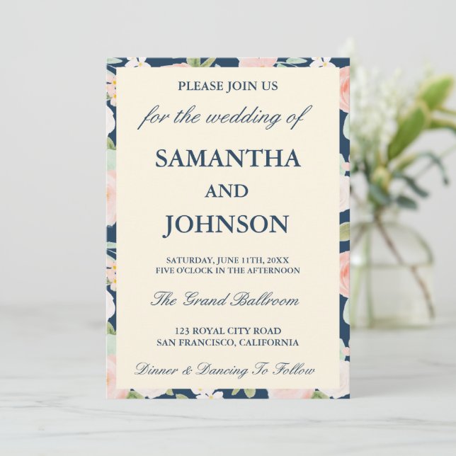 Invitation Modern Navy Blue Ivory Floral Monogram Wedding (Debout devant)