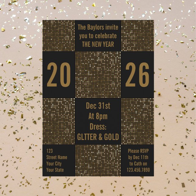 Invitation Modern New Year Black & Gold Glitter Holiday Party (Créateur téléchargé)