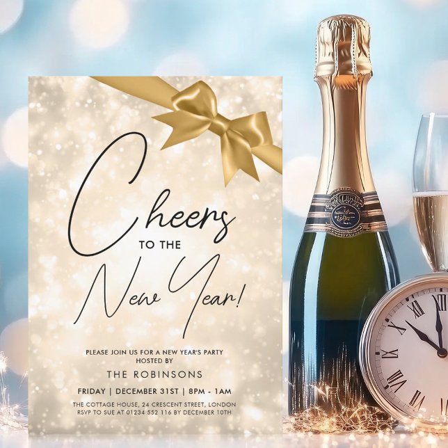 Invitation MODERN New Years Eve Gold Champagne Bokeh Gold Bow (MODERN New Years Eve Gold Champagne Bokeh Gold Bow Invitation)