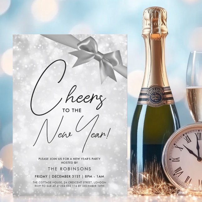 Invitation MODERN New Years Eve Silver Champagne Bokeh Bow (MODERN New Years Eve Silver Champagne Bokeh Bow Invitation)