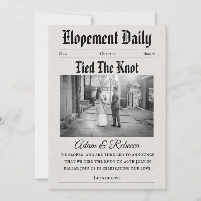 Invitation modern newspaper newlyweds elopement announcements (Devant)