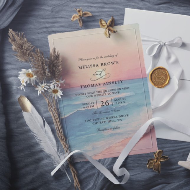 Invitation Modern Ocean Sunset Budget QR Code Wedding (Créateur téléchargé)