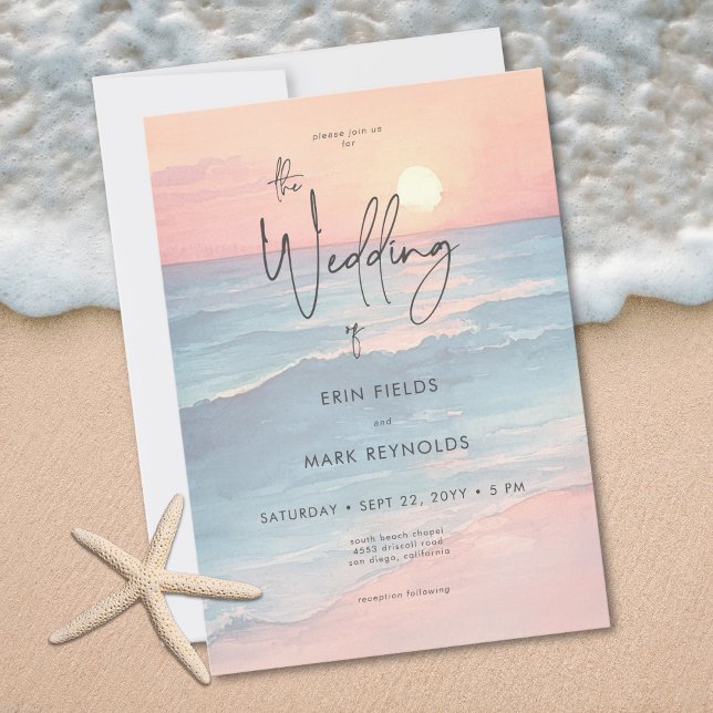 Invitation Modern Ocean Sunset Watercolor Beach Wedding (Modern Ocean Sunset Watercolor Beach Wedding Invitation)