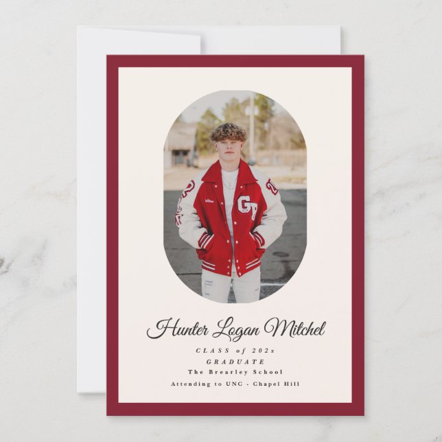Invitation Modern Oval Red High School Photo Graduation (Devant)