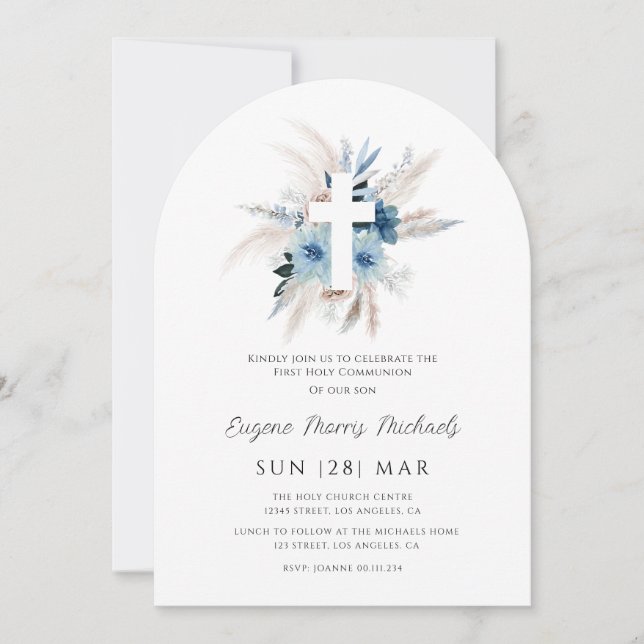 Invitation Modern pampas grass dusty blue first communion (Devant)