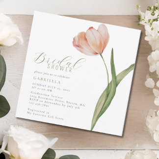 Invitation Modern Peach Watercolor Tulip Green Bridal Shower