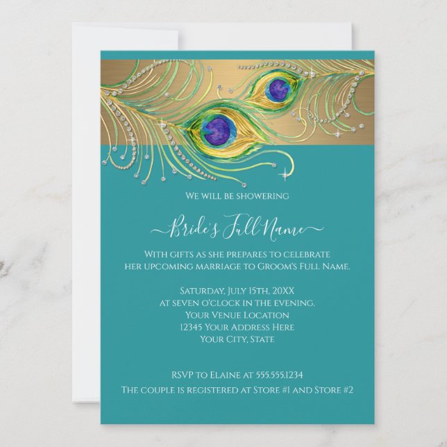 Invitation Modern Peacock Feathers Faux Jewel Bridal Shower (Devant)