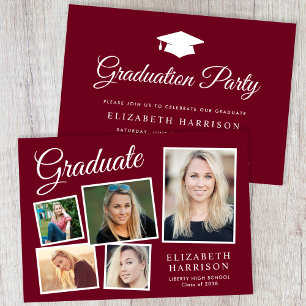 Invitation Modern Photo Collage Burgundy Graduation Party