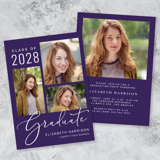 Invitation Modern Photo Collage Purple Graduation Party (An elegant photo collage graduation party invitation to celebrate the graduate's achievements)