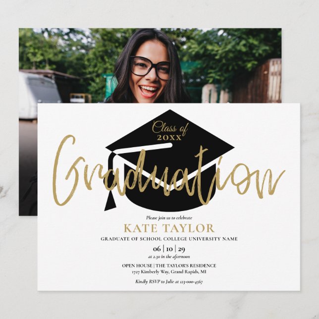 Invitation Modern Photo Gold Script Graduation Party (Devant / Derrière)