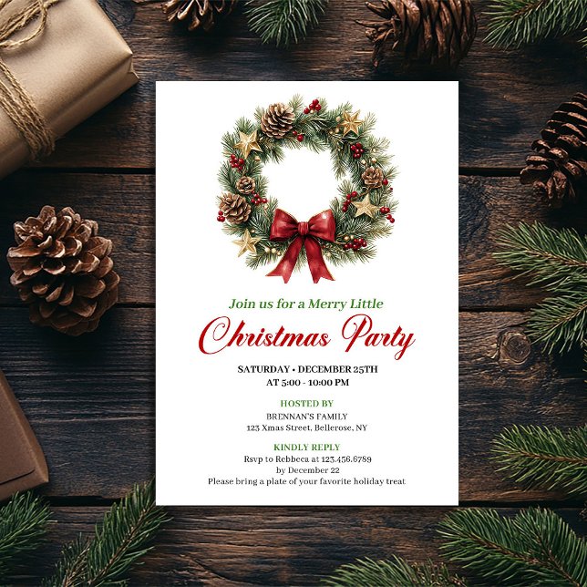 Invitation Modern Pine Wreath Christmas Party Editable (Modern Pine Wreath Christmas Party Editable Invitation)