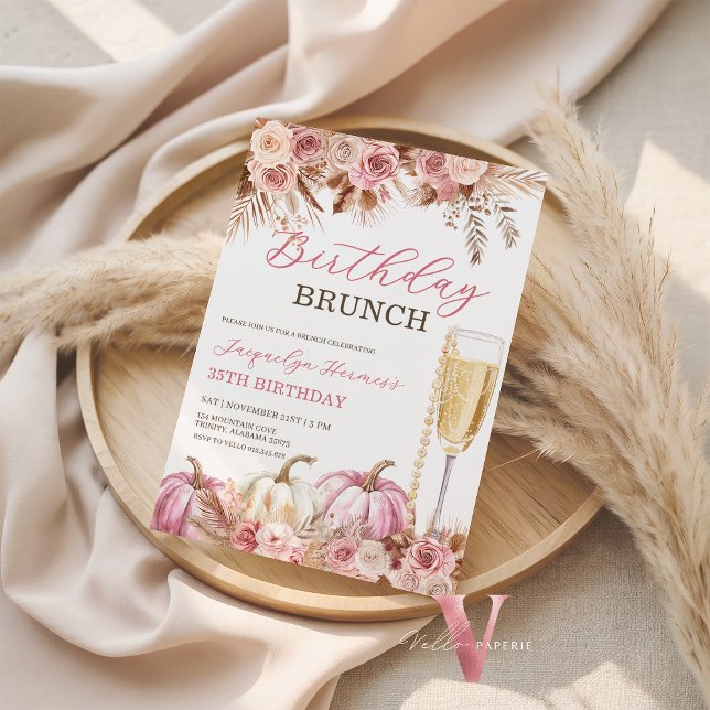 Invitation Modern Pink Boho Pumpkin Autumn Birthday Brunch  (Créateur téléchargé)