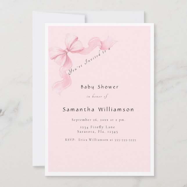 Invitation Modern Pink Bow Coquette Baby Shower (Devant)