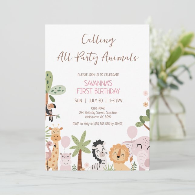 Invitation Modern Pink Calling All Party Animals Birthday (Debout devant)