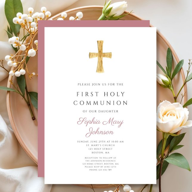 Invitation Modern Pink Cross  Girl Holy Communion (Modern Pink Cross Girl First Communion Invitation)