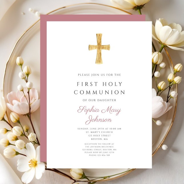 Invitation Modern Pink Cross  Girl Holy Communion (Modern Pink Cross Girl Holy Communion Invitation)