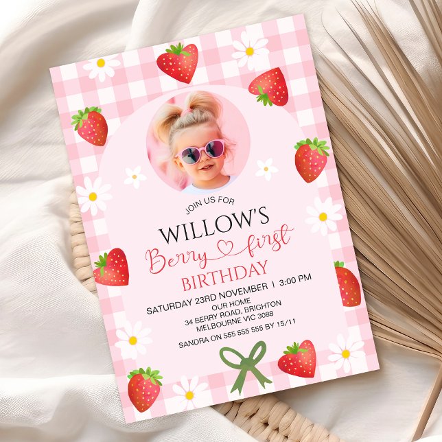 Invitation Modern Pink Gingham Heart Berry First Birthday (Berry First Birthday Invitation, Berry First Birthday Invite, Strawberry Themed First Birthday Girl)