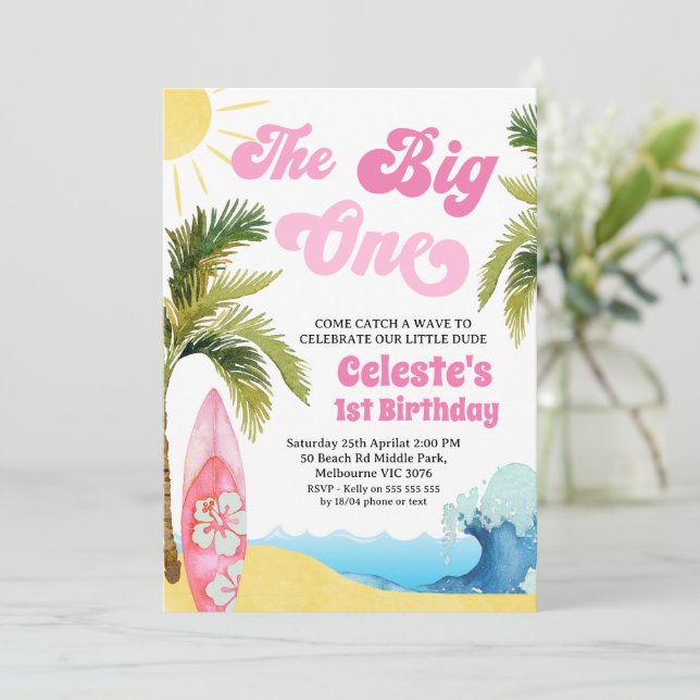 Invitation Modern Pink Girls Surf Wave Big One 1st Birthday  (Debout devant)
