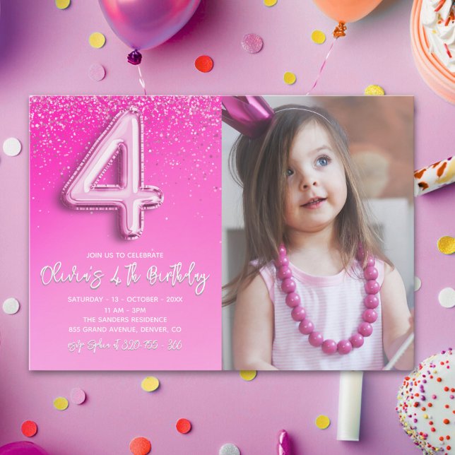 Invitation Modern Pink Glitter Balloon 4th Birthday Photo  (Créateur téléchargé)
