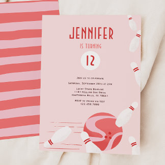 Invitation Modern Pink Kids Bowling Birthday Party