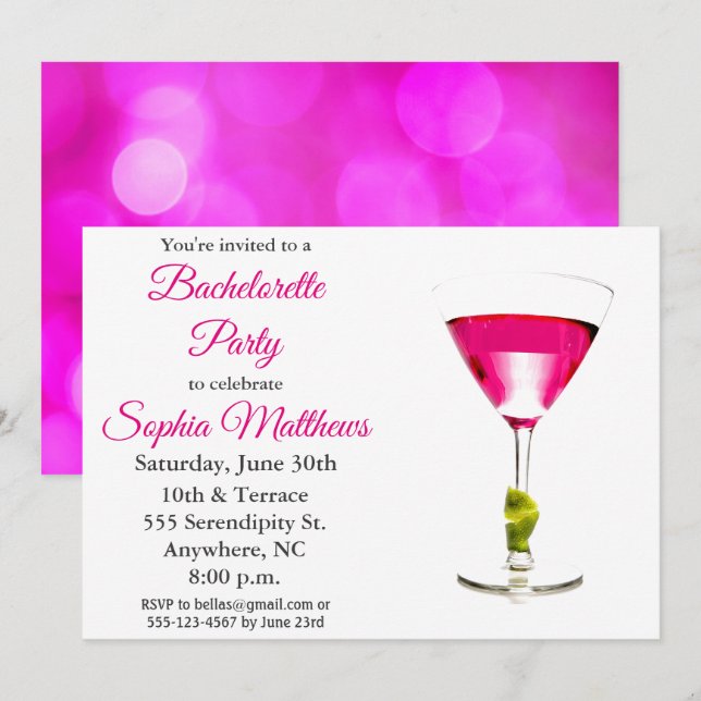 Invitation Modern Pink Martini Cocktail Bachelorette Party (Devant / Derrière)